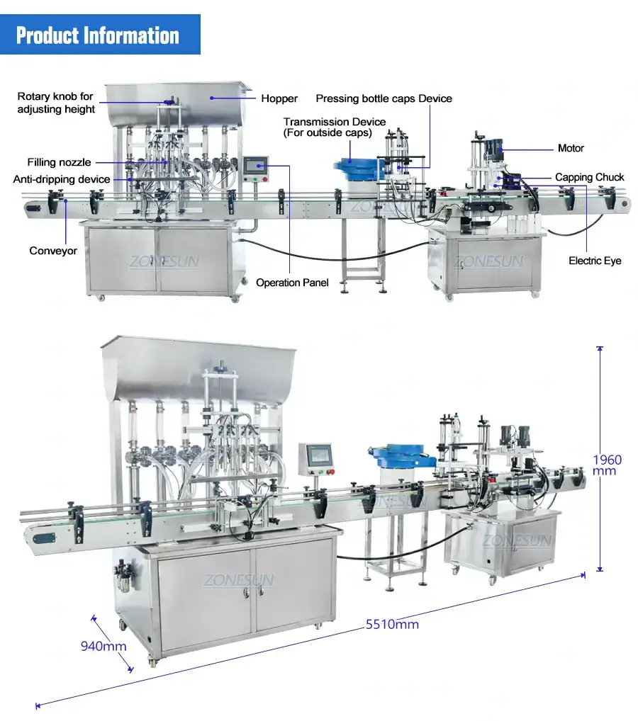 Automatic 6-head Filling And Capping Machine With Cap Vibratory Feeder-ZONESUN TECHNOLOGY LIMITED