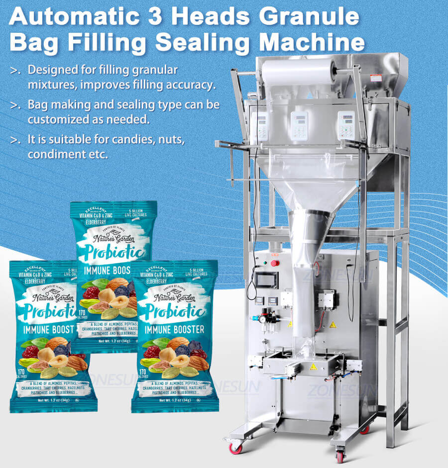 Three Heads Granule Bag Filling Sealing Machine-ZONESUN TECHNOLOGY LIMITED