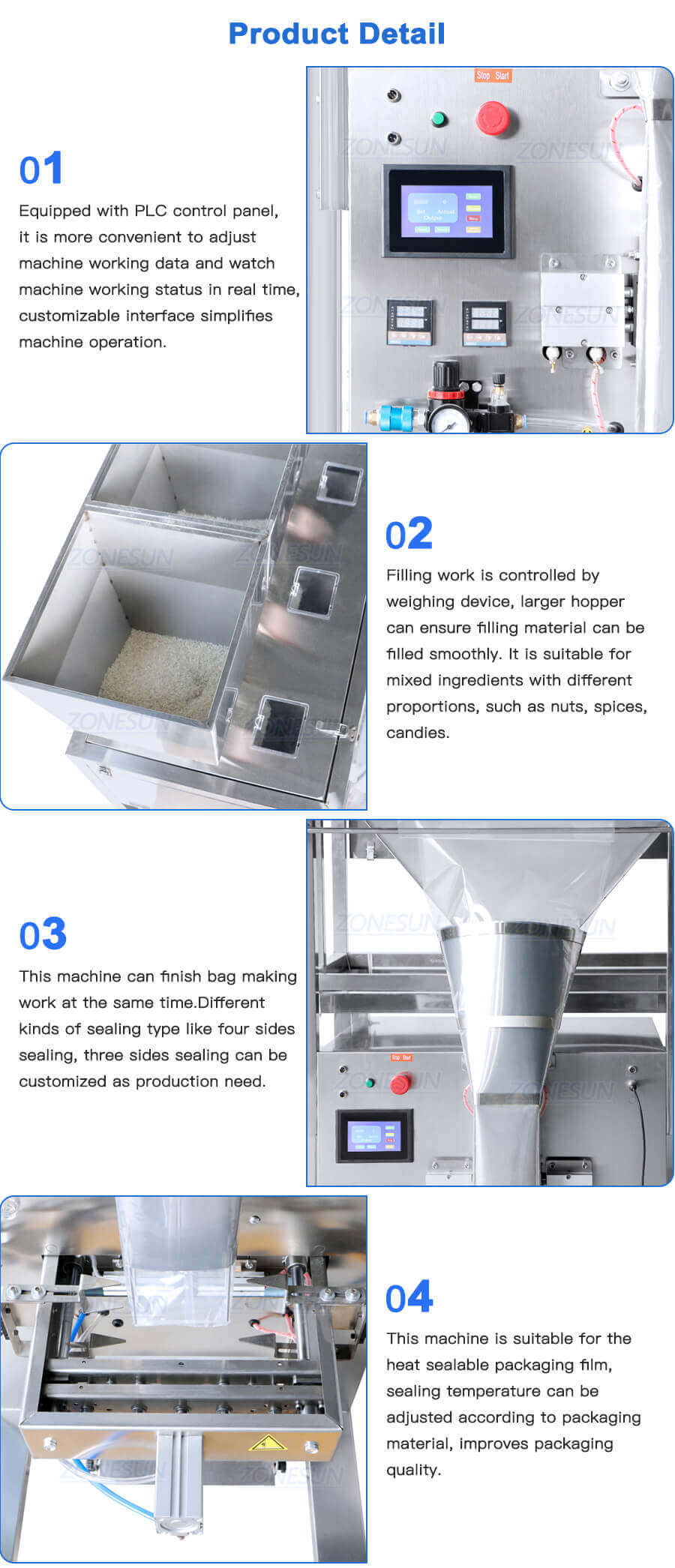 Three Heads Granule Bag Filling Sealing Machine-ZONESUN TECHNOLOGY LIMITED