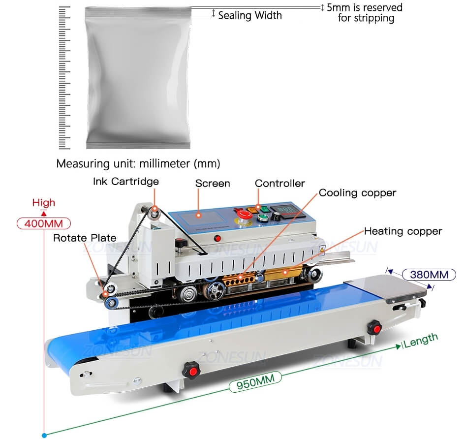 Bags Continuous Band Sealing Machine With Inkjet Printer-ZONESUN TECHNOLOGY LIMITED