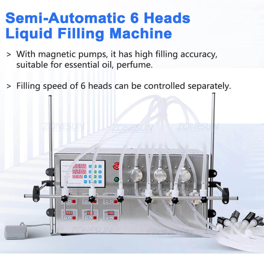 Semi Automatic 6 Heads Magnetic Pump Liquid Filling Machine-ZONESUN TECHNOLOGY LIMITED
